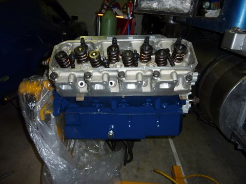 1971 Ford Mustang - Close-up of an engine block and cylinder head assembly, likely undergoing repair or modification.