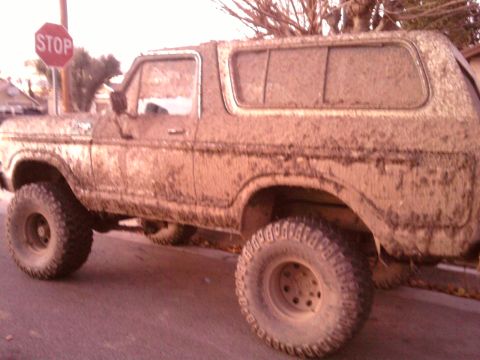 1979 Ford Bronco - This heavily mud-caked SUV appears to be a 1978 Ford Bronco, seen from the side.