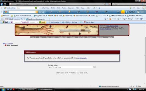 1985 Ford Bronco - A forum page displays a "No Thread specified" message, indicating a broken link or deleted content.