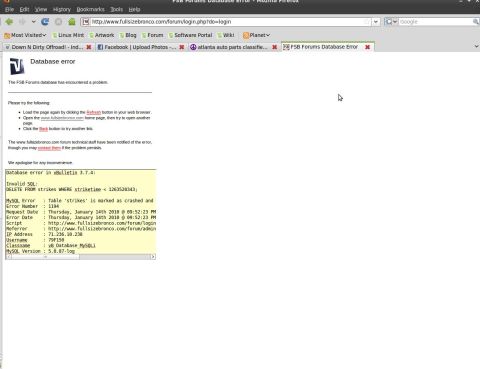 1979 Ford F-150 - A database error message is displayed on a web page, detailing the invalid SQL query and error information.