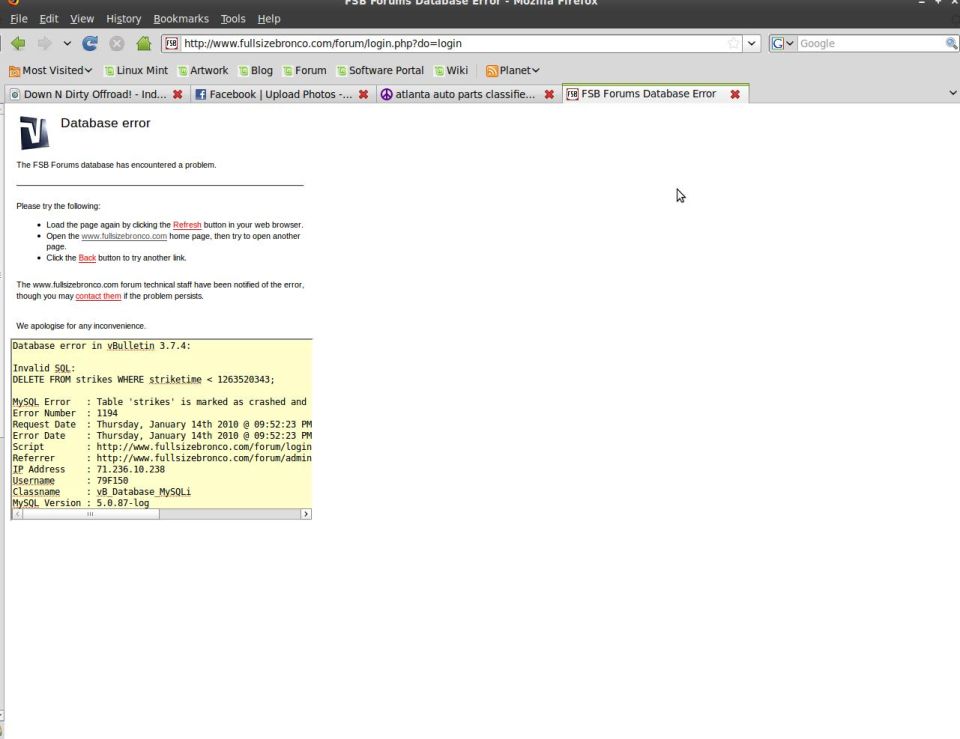 Browser screenshot of a vBulletin forum database error page