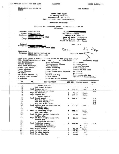 1985 Ford Crown Victoria LTD - This document is an insurance repair estimate for a 2006 Ford Crown Victoria LX, detailing parts and labor costs.