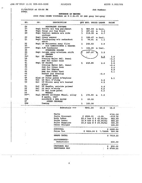 1985 Ford Crown Victoria LTD - This document details an automotive repair estimate for a 2004 Ford Crown Victoria LX.