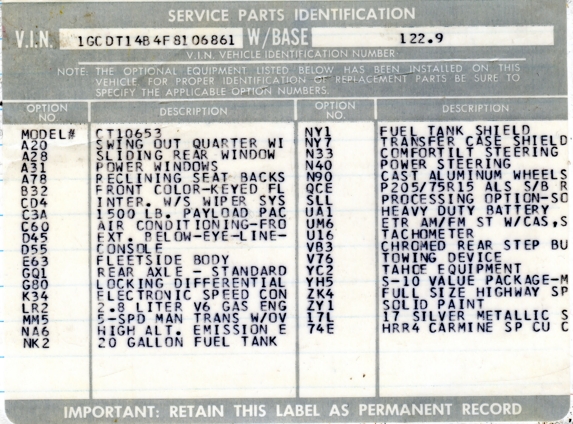 Service Parts Identification label with VIN 1GC DT148 4F81 06861 and option codes