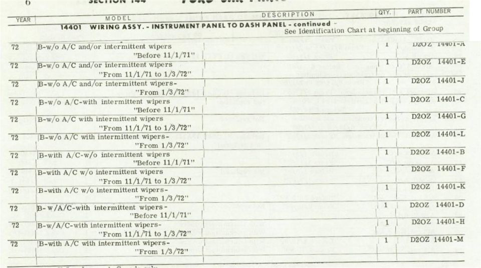 Ford parts catalog page listing wiring assembly part numbers