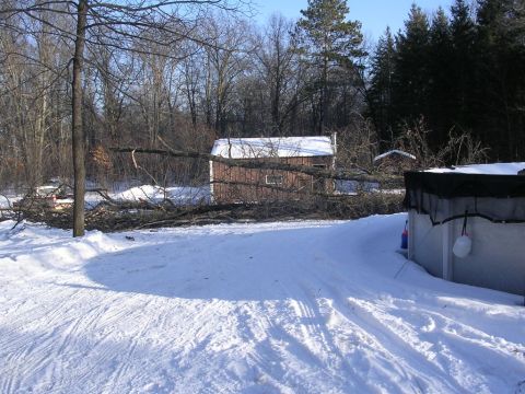 1978 Ford Bronco - A winter scene shows a yard covered in snow with a large tree branch fallen across the path in front of a small cabin.