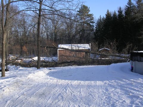 1978 Ford Bronco - A white SUV is visible in a snow-covered yard with downed trees and a small red building.
