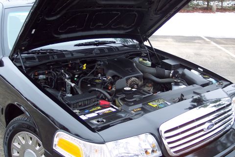 2001 Ford Crown Victoria - Engine compartment of a black 2001 Ford Crown Victoria, viewed from the front with the hood raised.