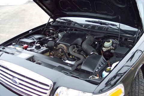 2001 Ford Crown Victoria - The engine bay of a black 2001 Ford Crown Victoria is visible with the hood raised, revealing the engine and associated parts.