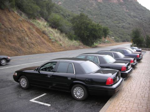 1992 Ford Crown Victoria - Several black Ford Crown Victorias are parked in a row next to a road with a hillside in the background.