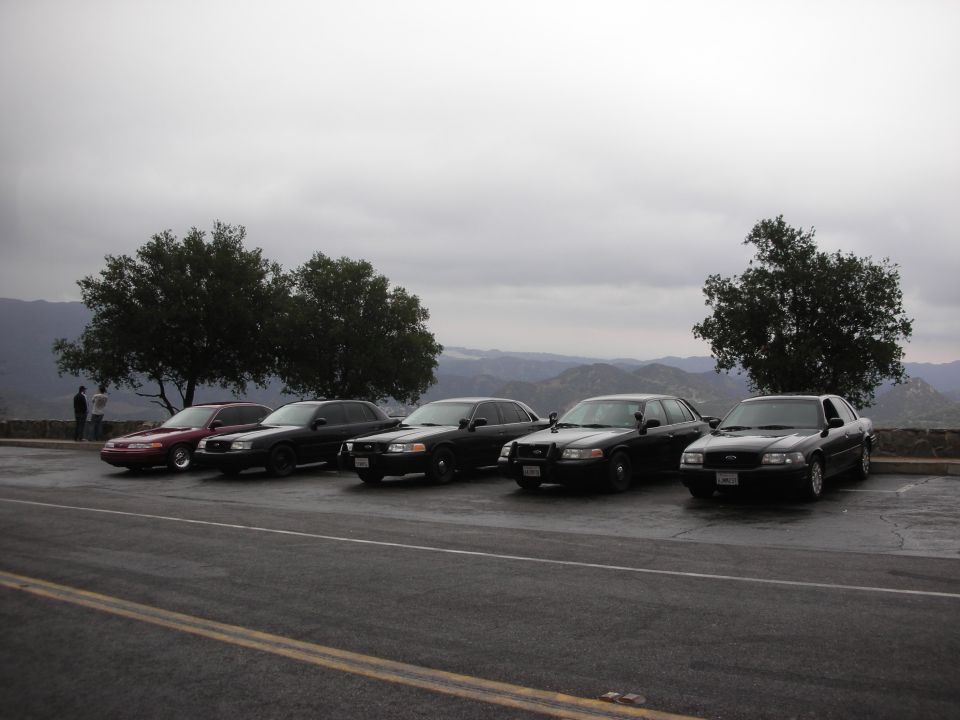 Five Ford Crown Victorias parked on a scenic overlook, four are black police cars, one is red