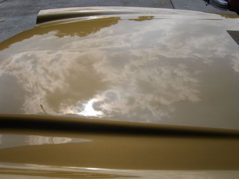 1971 Chevrolet Camaro - The reflection of the sky and clouds is visible on the polished surface of the car's hood.