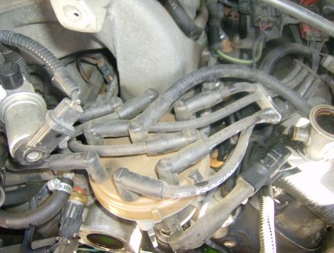 1994 Ford Bronco - Close-up view of engine components, including a distributor cap and spark plug wires.