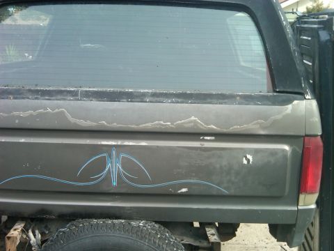 1986 Ford Bronco - SUV rear detail showing pinstripes and paint damage. The model year is estimated from body style.
