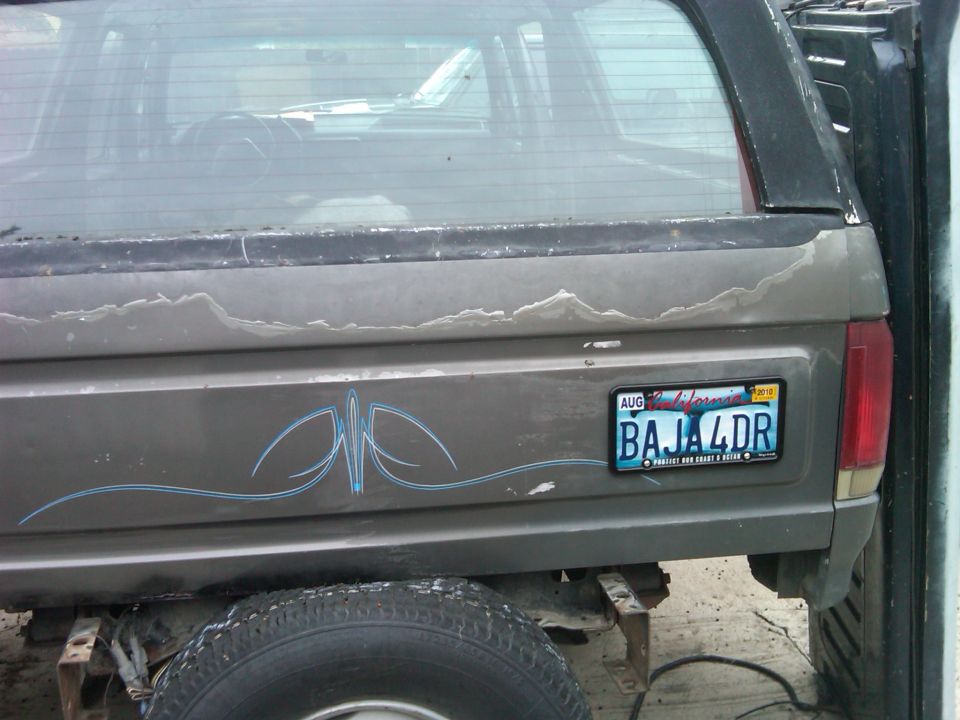 Rear of a gray Ford Bronco with pinstripes and a 'BAJA 4DR' license plate