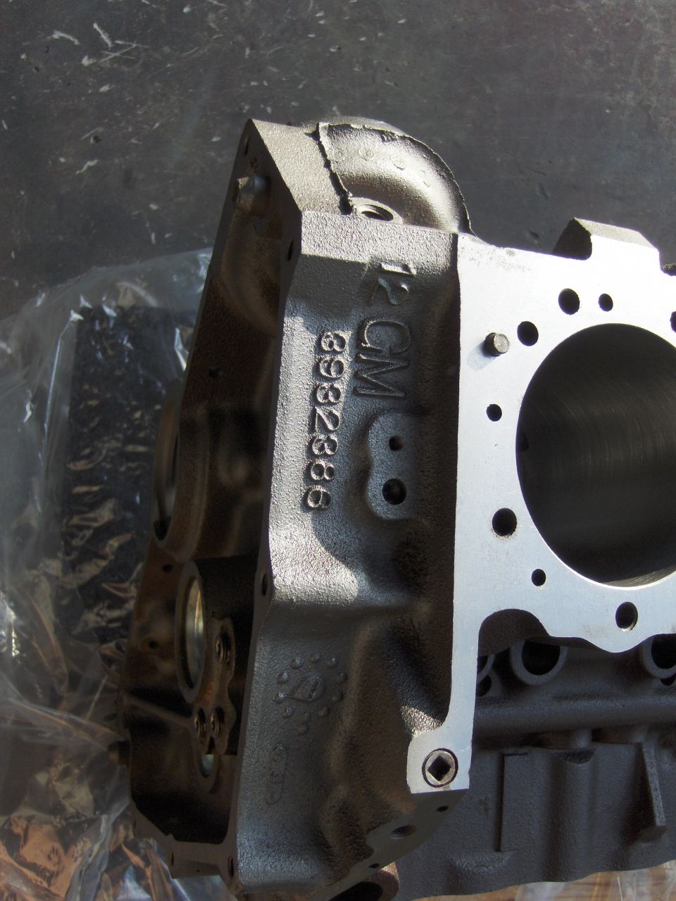 GM engine block with part number 3932386 visible