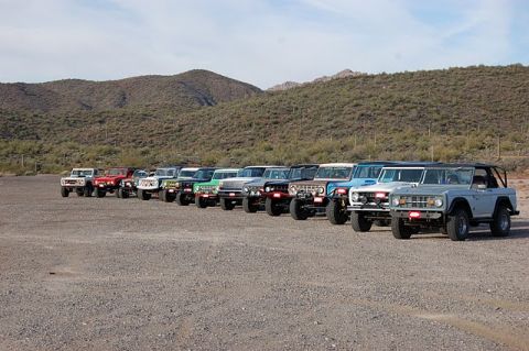 1996 Ford Bronco - A collection of classic Ford Broncos are lined up in a desert landscape.
