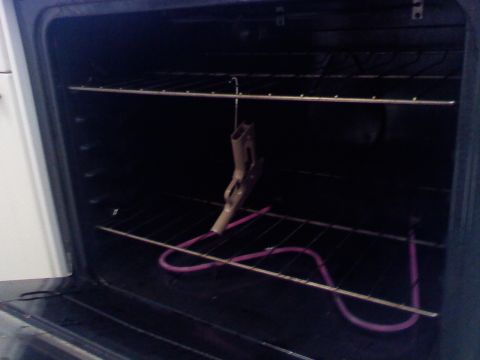 1979 Ford Bronco - A gun is suspended inside an oven, possibly for drying or curing.