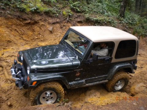 2005 Jeep Wrangler - A dark green Jeep Wrangler with a tan hardtop navigates a muddy trail, with the model year clearly visible on the side.