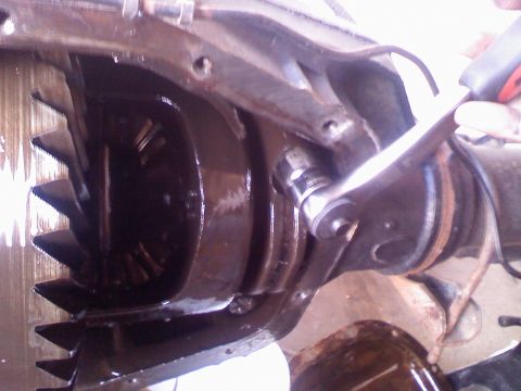 1996 Ford Bronco - A mechanic works on the internal gears of a vehicle's differential assembly.