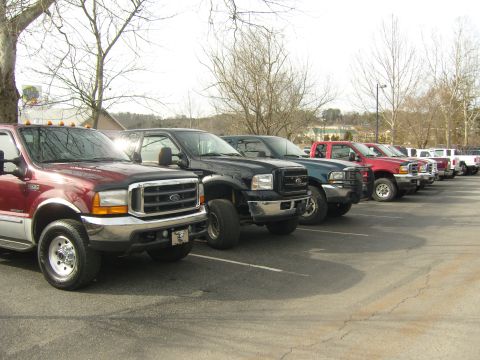2007 Ford Mustang - A line of Ford F-Series trucks are parked in a lot under a bright sky.