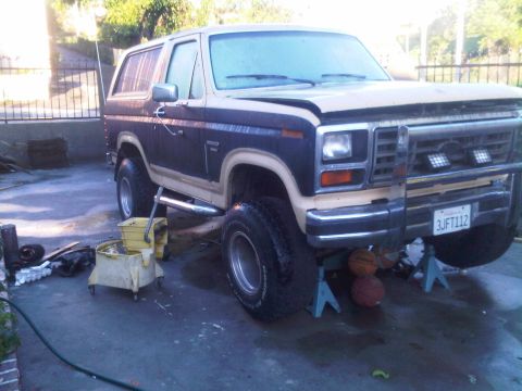1986 Ford Bronco - This two-tone Ford Bronco is elevated on jack stands, suggesting it is undergoing maintenance or repair.