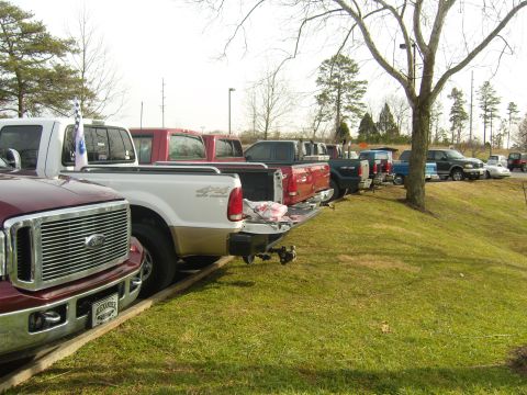 2007 Ford Mustang - A row of pickup trucks are parked on a grassy incline, with trees and a bright sky in the background.