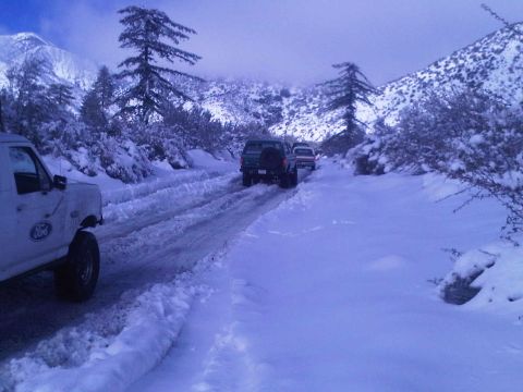 1986 Ford Bronco - Multiple vehicles navigate a snow-covered mountain pass, with a white Ford truck leading the way.