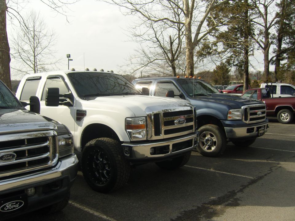 Three Ford F-Series trucks parked in a lot. White truck in front, blue truck behind it, and a silver truck to the left