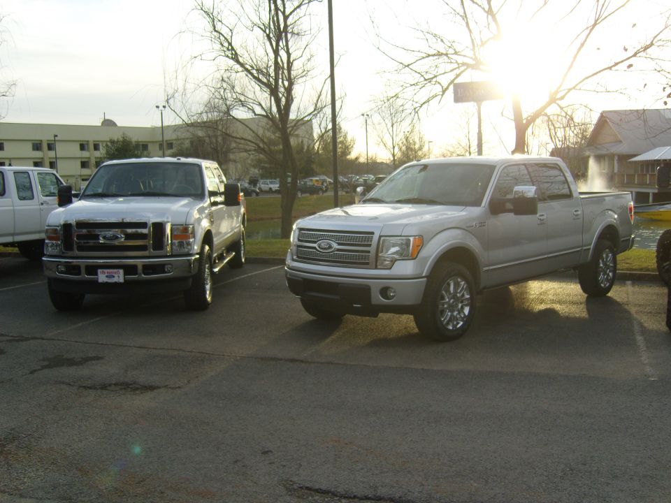 Silver Ford F-150 pickup truck parked next to a silver Ford F-250 pickup truck