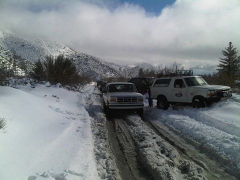 1986 Ford Bronco - Several SUVs navigate a snowy mountain pass, with one white Bronco prominently visible.