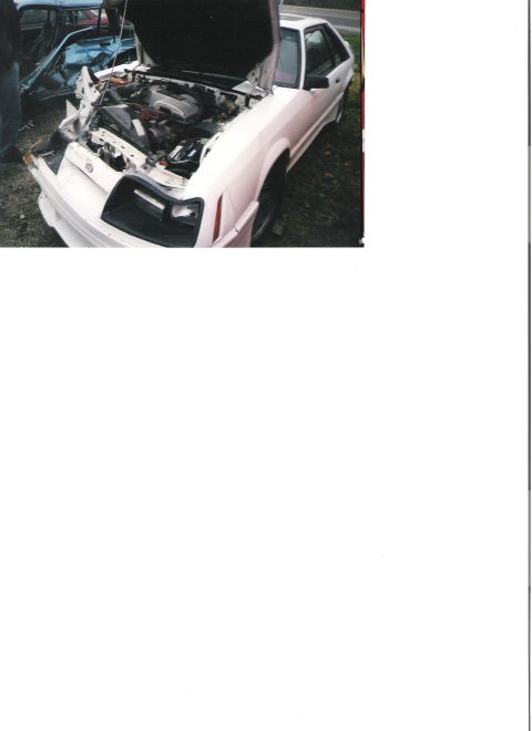 1986 Ford Mustang - The front of a white 1986 Ford Mustang is shown with its hood open, revealing the engine bay.