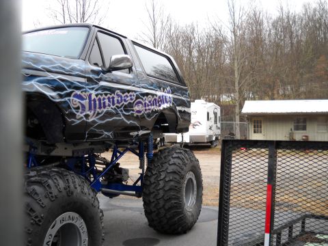 1982 Ford Bronco - This heavily modified Ford Bronco features custom lightning bolt graphics and oversized tires.