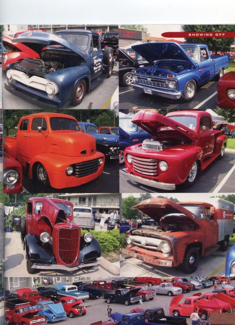 2007 Ford Mustang - A blue 1956 pickup truck is displayed with its hood open, part of a larger collection of vehicles.