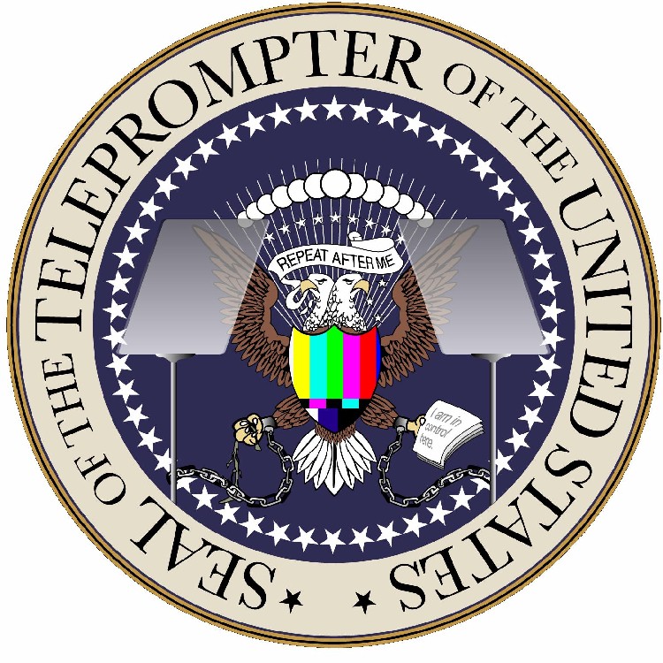 Parody 'Seal of the Teleprompter of the United States' graphic with two-headed eagle
