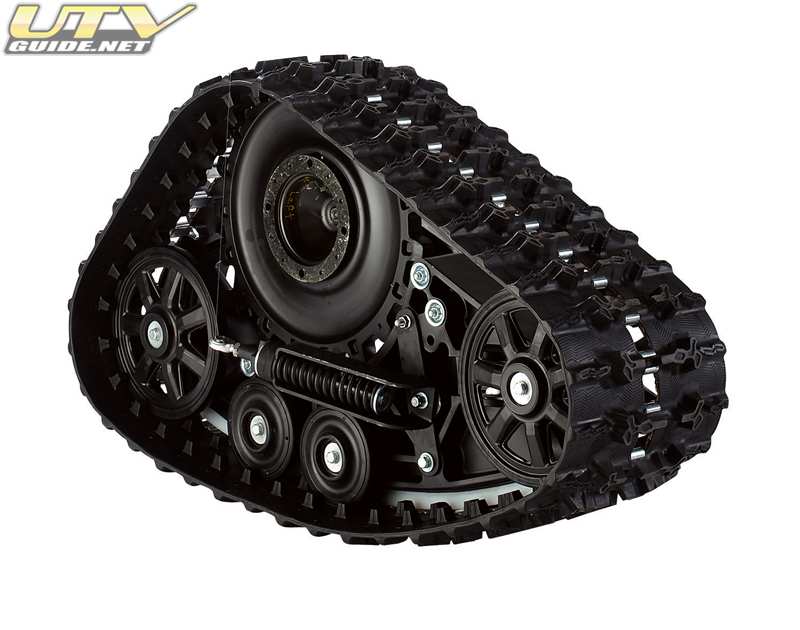Black rubber track conversion unit with drive hub, idler wheels and tension spring