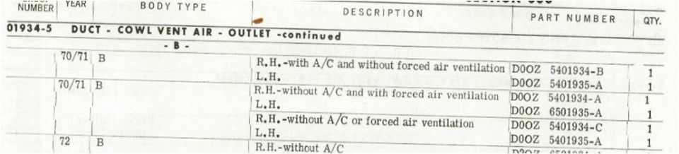 70 Air Duct Part Numbers