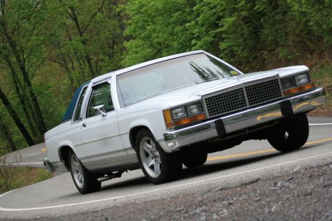 1985 Ford Crown Victoria LTD - A white sedan with a blue vinyl roof navigates a curve on a tree-lined road.