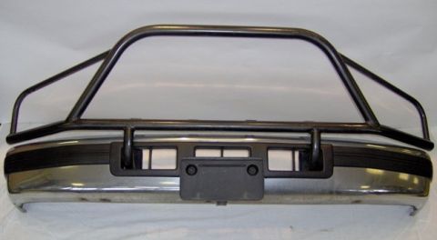 1996 Ford Bronco - Front chrome bumper assembly with a black tubular brush/light bar mounted on top, shown against a white backdrop. The bumper has a center l…