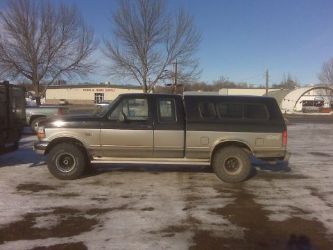 1994 Ford F-150 - This two-tone pickup truck, identified as a 1994 Ford F-150, is seen from the side with a black camper shell installed.