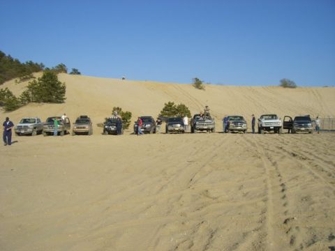1994 Ford Bronco - Several off-road vehicles are parked in a line on a sandy hill with trees in the background.