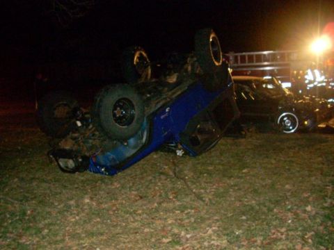 1996 Ford Bronco - An overturned blue SUV lies on its side next to another vehicle and emergency services at night.