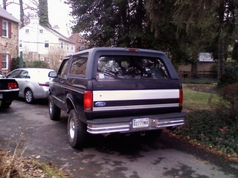 1994 Ford Bronco - This black 1994 Ford Bronco features a distinctive silver stripe across its tailgate and a visible license plate.