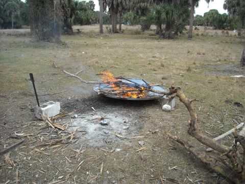 1992 Ford Bronco - A fire burns in a metal pit surrounded by debris and branches in a dry, grassy field.