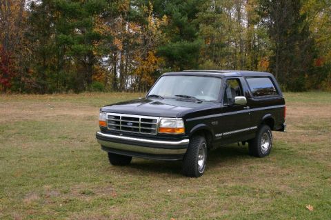 1995 Ford Bronco - A black 1995 Ford Bronco is parked on a grassy field with autumn trees in the background.