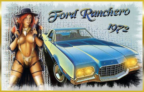 1971 Ford Ranchero - This artwork depicts a 1972 Ford Ranchero alongside a cowgirl figure.