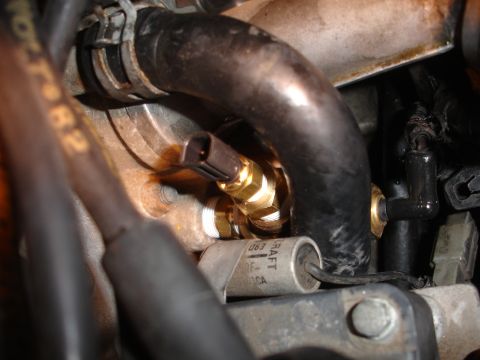 1993 Ford Taurus - Close-up of an engine coolant temperature sensor and a hose, with some visible text on a component.