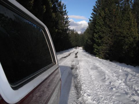 1991 Ford Bronco - Two vehicles drive down a snowy forest road on a partly cloudy day.