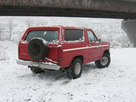 1981 Ford Bronco - A red 1981 Ford Bronco is parked in the snow, showing its rear profile and external spare tire.