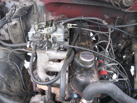 1981 Ford Bronco - Close-up of an engine bay showing an inline-six or V-configuration engine with a chrome-topped carburetor mounted on a cast-aluminum intake…
